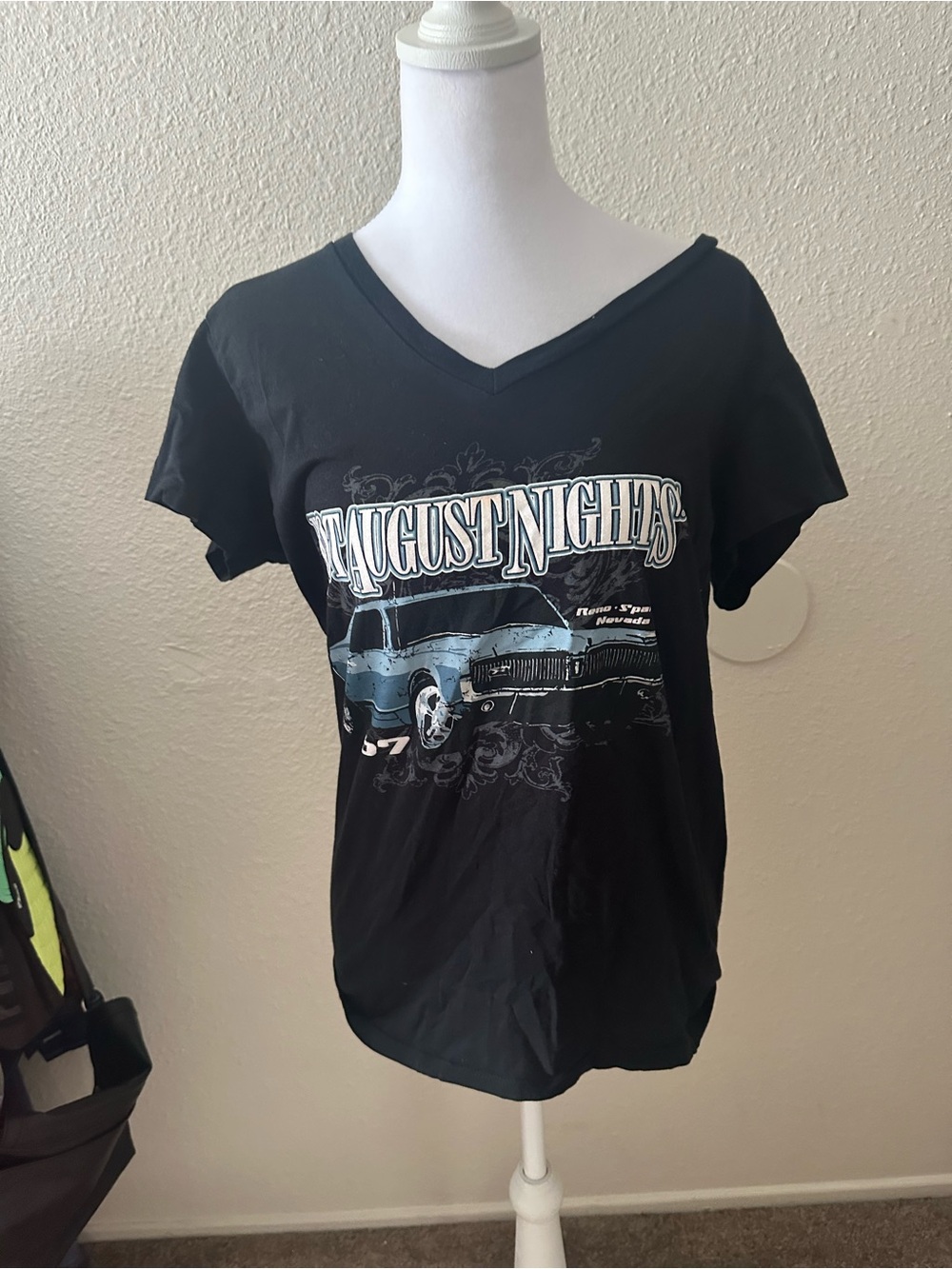 August Nights Black Graphic V-Neck Women's Tee